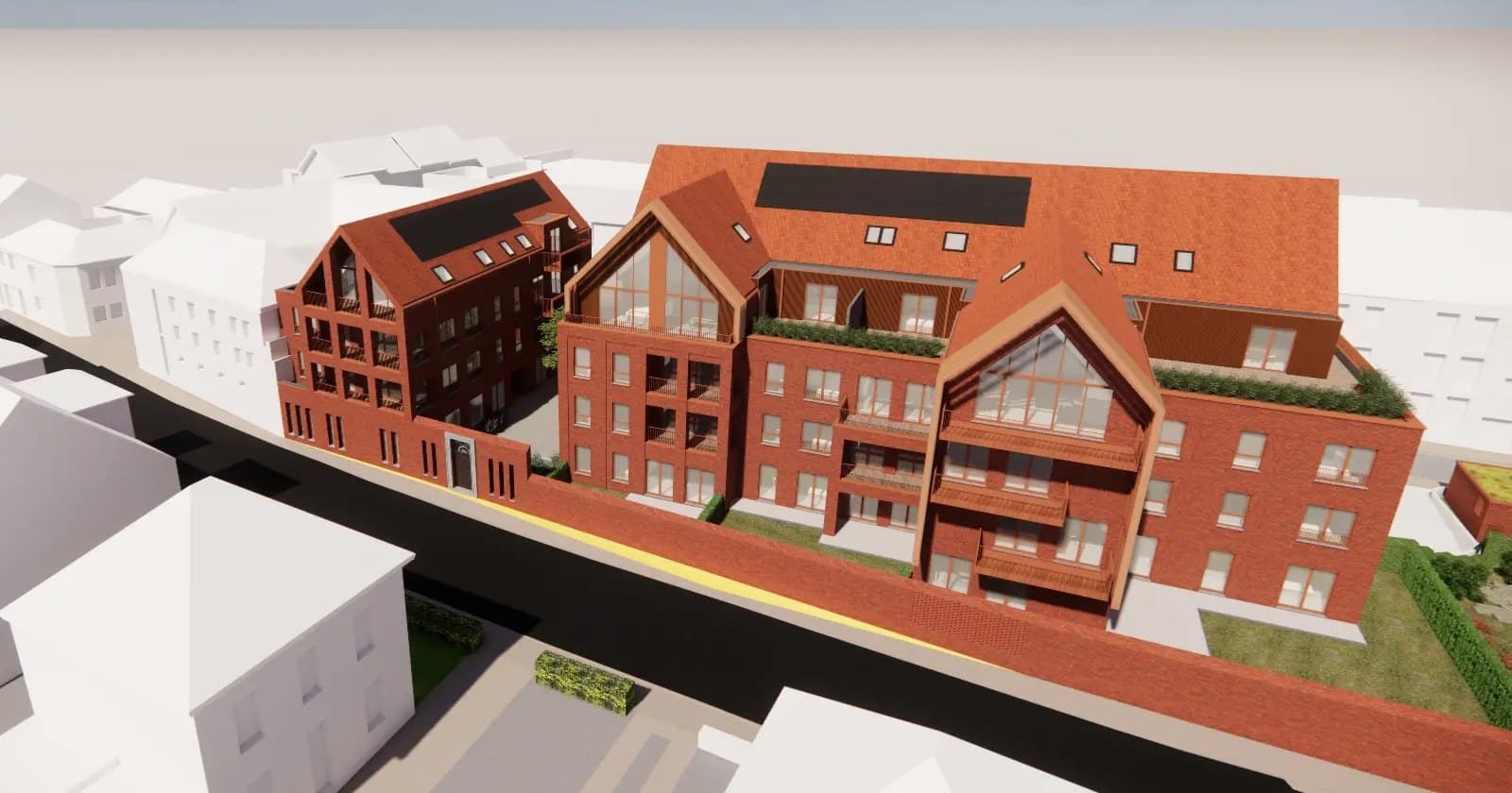 Vue 3D d'une résidence d'appartements neufs en briques rouges, avec terrasses, toitures végétalisées et panneaux photovoltaïques