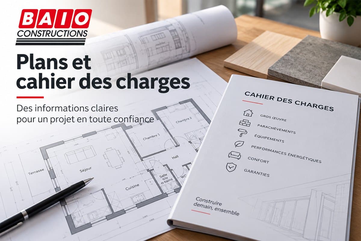 Plan d'un appartement deux chambres et cahier des charges posés sur une table avec des échantillons de matériaux