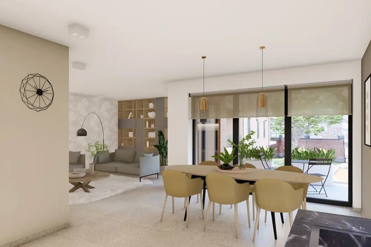 Séjour et salle à manger d'un appartement neuf ouverts sur une terrasse par de grandes baies vitrées