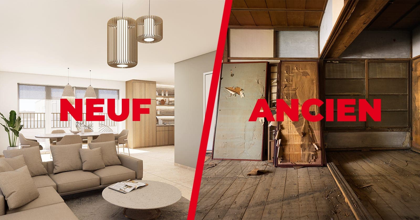 Un appartement neuf et un appartement ancien, illustrant le choix avant d'acheter en Wallonie