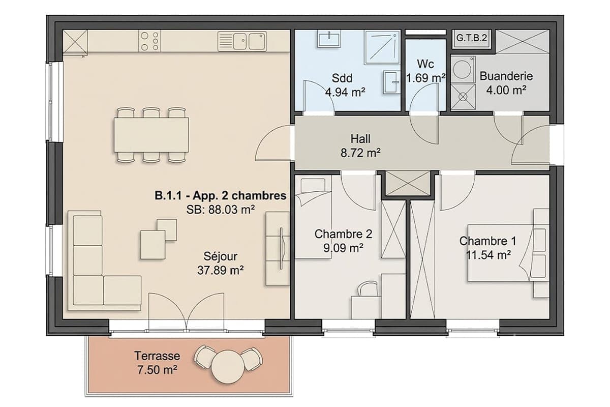 Plan d'un appartement, comme lors d'un achat sur plan
