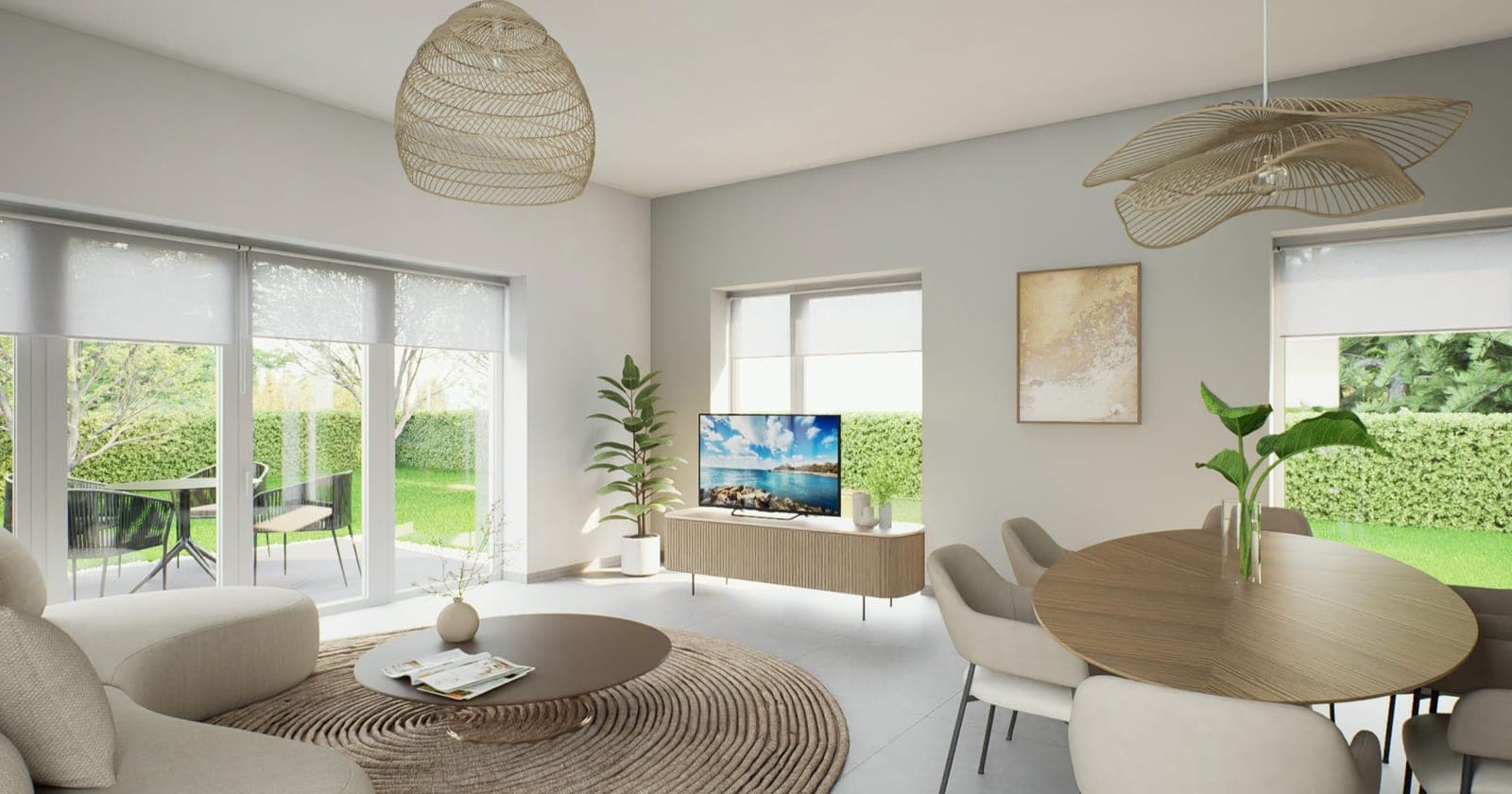 Séjour lumineux d'un appartement neuf ouvert sur un jardin, avec coin salon et table à manger (perspective 3D)